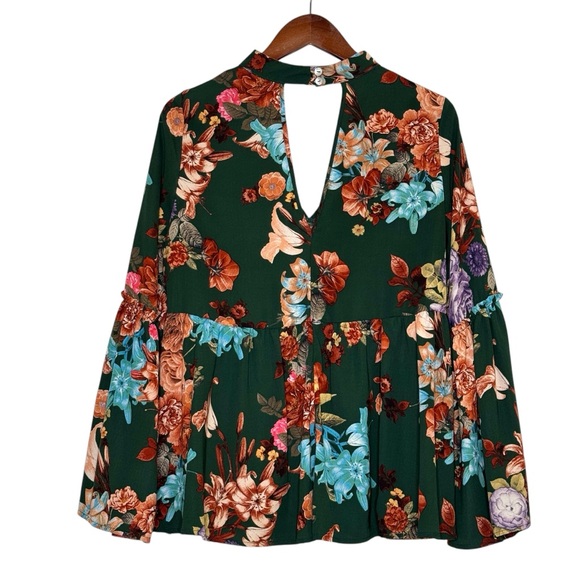 Altar’d State Dark Floral Blouse Flare Bell Sleeve Choker Collar Top SZ Medium - Picture 5 of 15
